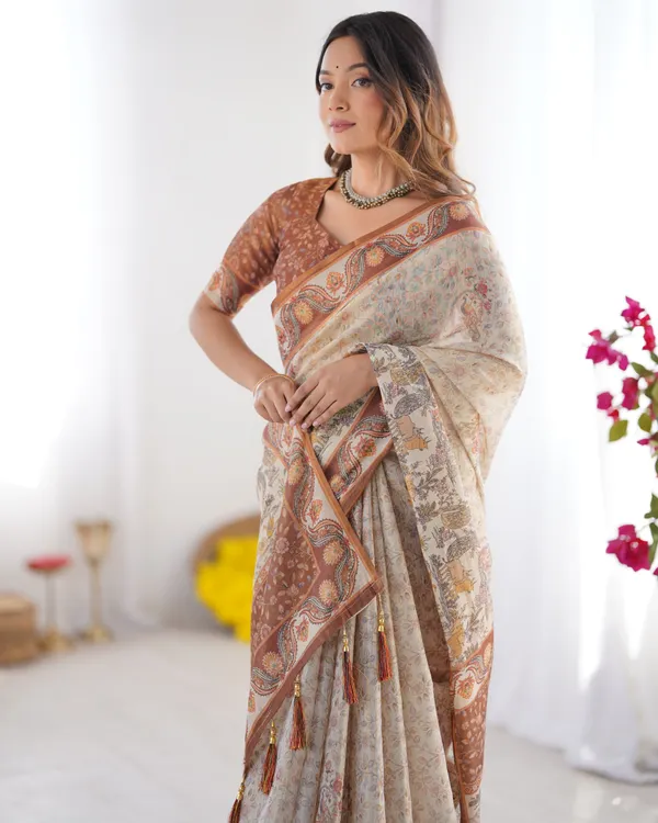 Elegant_Beige_&_Brown_Pure_Linen_Cotton_Handloom_Saree_with_Animal_Motifs_and_Floral_Prints