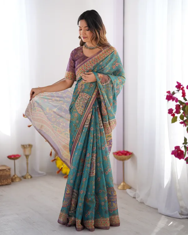 Sea_Green_&_Purple_Linen_Cotton_Saree_with_Hand-Painted_Krishna_Raas_Leela_Pallu