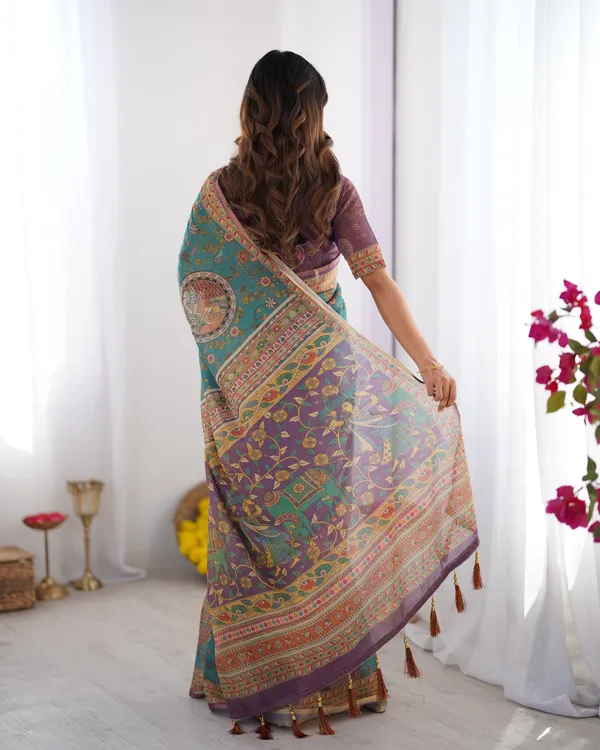Sea_Green_&_Purple_Linen_Cotton_Saree_with_Hand-Painted_Krishna_Raas_Leela_Pallu