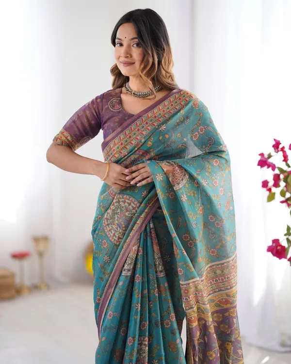 Sea_Green_&_Purple_Linen_Cotton_Saree_with_Hand-Painted_Krishna_Raas_Leela_Pallu