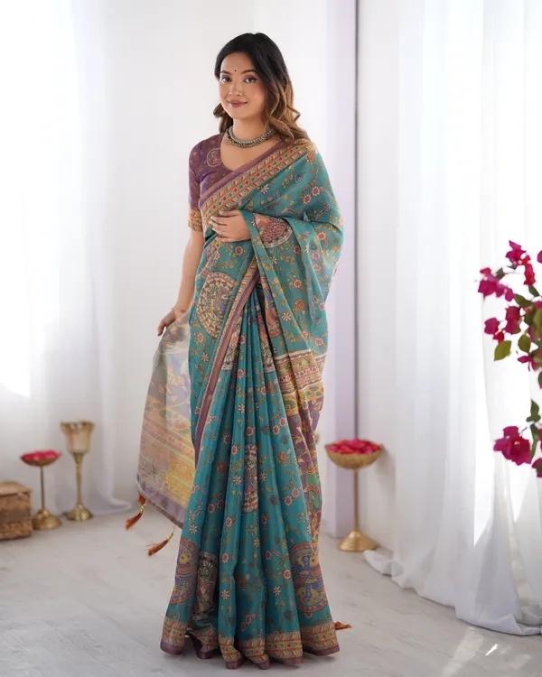 Sea_Green_&_Purple_Linen_Cotton_Saree_with_Hand-Painted_Krishna_Raas_Leela_Pallu