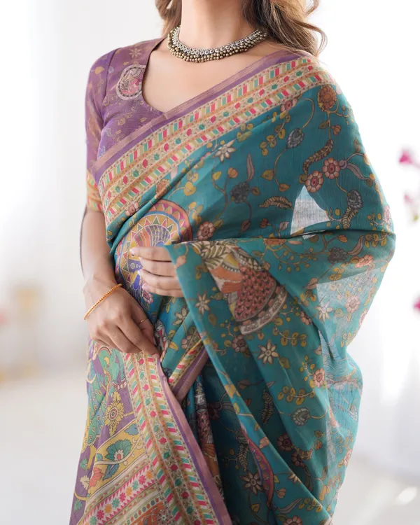 Sea_Green_&_Purple_Linen_Cotton_Saree_with_Hand-Painted_Krishna_Raas_Leela_Pallu
