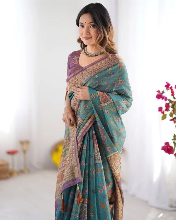 Sea_Green_&_Purple_Linen_Cotton_Saree_with_Hand-Painted_Krishna_Raas_Leela_Pallu