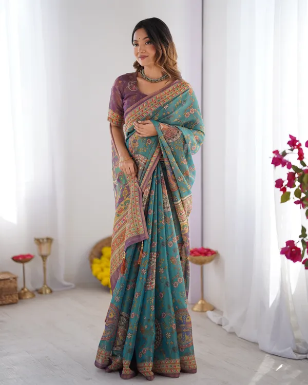 Sea_Green_&_Purple_Linen_Cotton_Saree_with_Hand-Painted_Krishna_Raas_Leela_Pallu