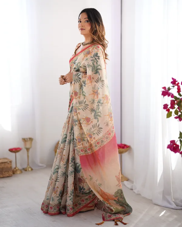 Beige_&_Red_Handloom_Linen_Cotton_Saree_with_Camel_Caravan_&_Palace_Artwork