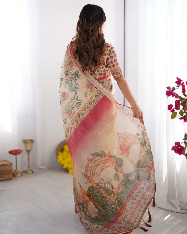 Beige_&_Red_Handloom_Linen_Cotton_Saree_with_Camel_Caravan_&_Palace_Artwork