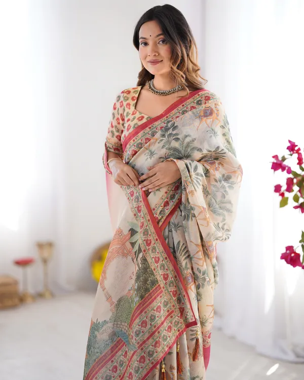 Beige_&_Red_Handloom_Linen_Cotton_Saree_with_Camel_Caravan_&_Palace_Artwork