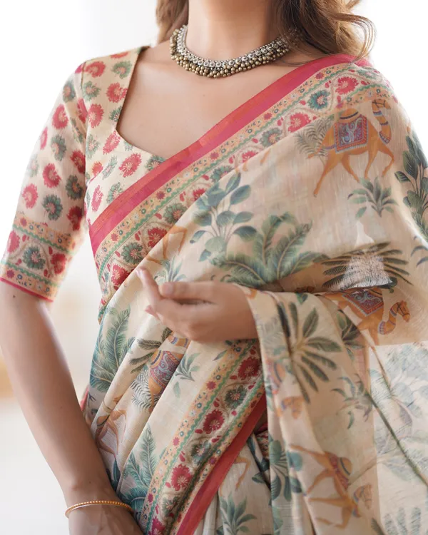 Beige_&_Red_Handloom_Linen_Cotton_Saree_with_Camel_Caravan_&_Palace_Artwork