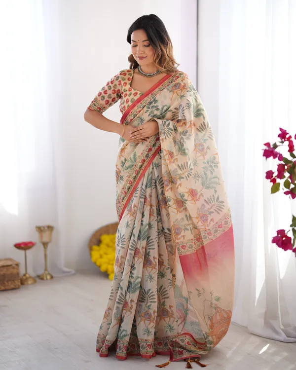Beige_&_Red_Handloom_Linen_Cotton_Saree_with_Camel_Caravan_&_Palace_Artwork