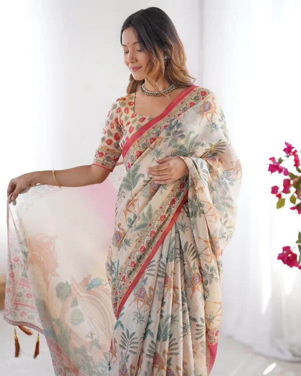 Beige_&_Red_Handloom_Linen_Cotton_Saree_with_Camel_Caravan_&_Palace_Artwork