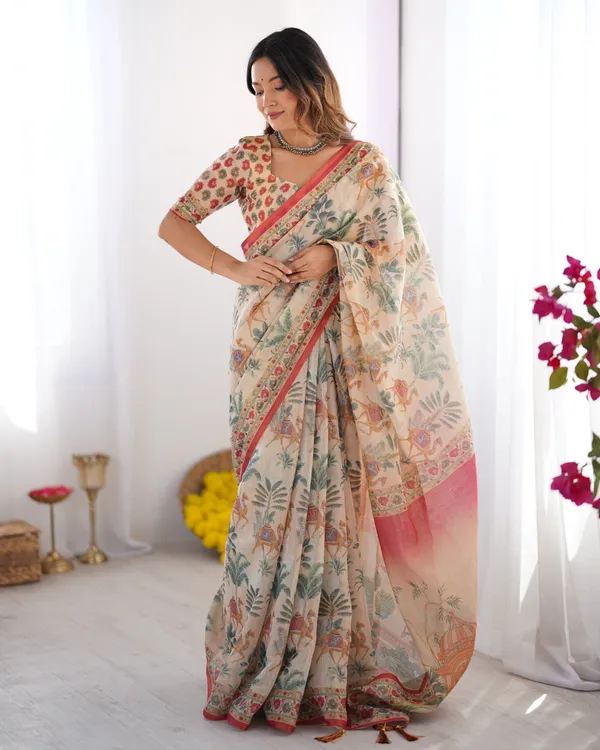 Beige_&_Red_Handloom_Linen_Cotton_Saree_with_Camel_Caravan_&_Palace_Artwork