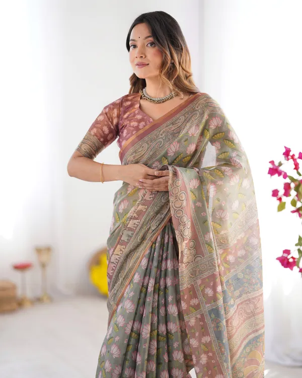 Olive_Green_Pure_Linen_Cotton_Handloom_Saree_with_Pink_Lotus_Motifs_&_Maroon_Blouse