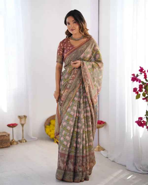 Olive_Green_Pure_Linen_Cotton_Handloom_Saree_with_Pink_Lotus_Motifs_&_Maroon_Blouse
