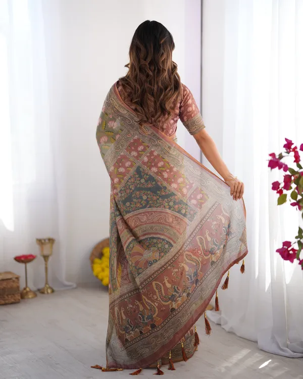 Olive_Green_Pure_Linen_Cotton_Handloom_Saree_with_Pink_Lotus_Motifs_&_Maroon_Blouse