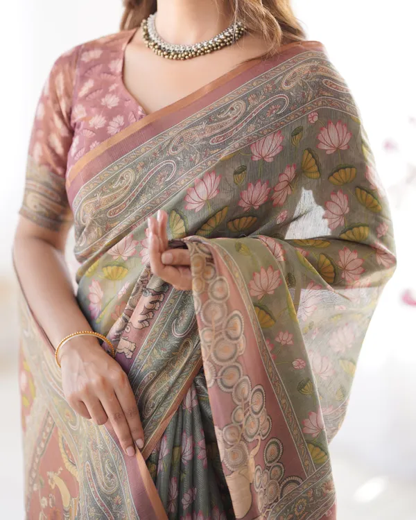 Olive_Green_Pure_Linen_Cotton_Handloom_Saree_with_Pink_Lotus_Motifs_&_Maroon_Blouse