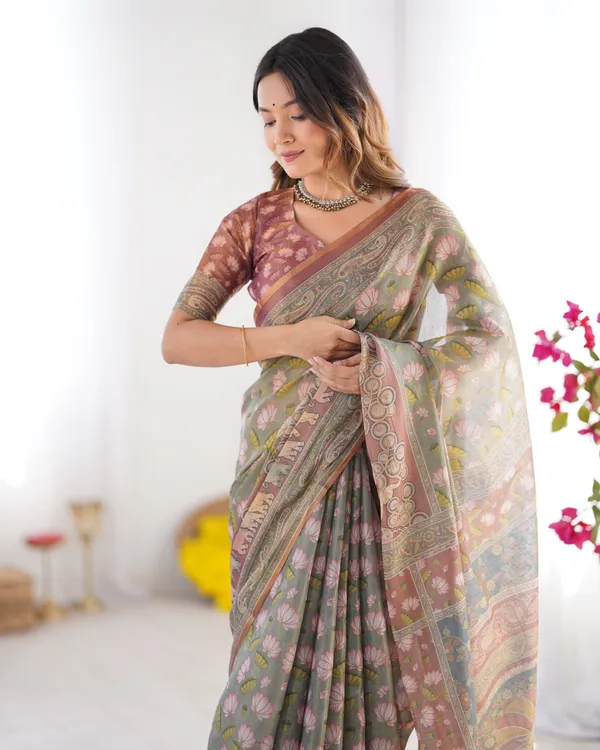 Olive_Green_Pure_Linen_Cotton_Handloom_Saree_with_Pink_Lotus_Motifs_&_Maroon_Blouse