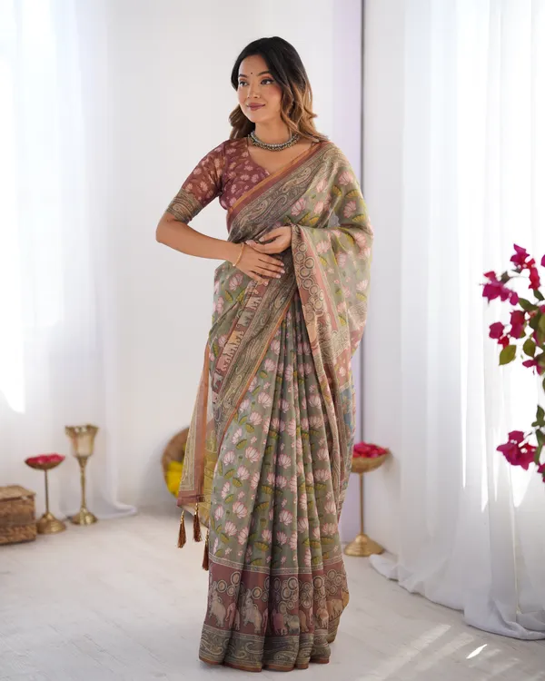 Olive_Green_Pure_Linen_Cotton_Handloom_Saree_with_Pink_Lotus_Motifs_&_Maroon_Blouse
