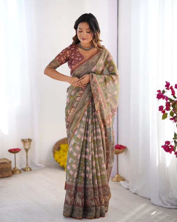 Olive_Green_Pure_Linen_Cotton_Handloom_Saree_with_Pink_Lotus_Motifs_&_Maroon_Blouse