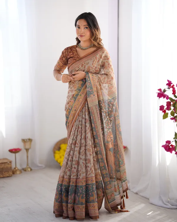Beige_&_Rust_Pure_Linen_Cotton_Saree_with_Folk_Animal_Motif_&_Floral_Print