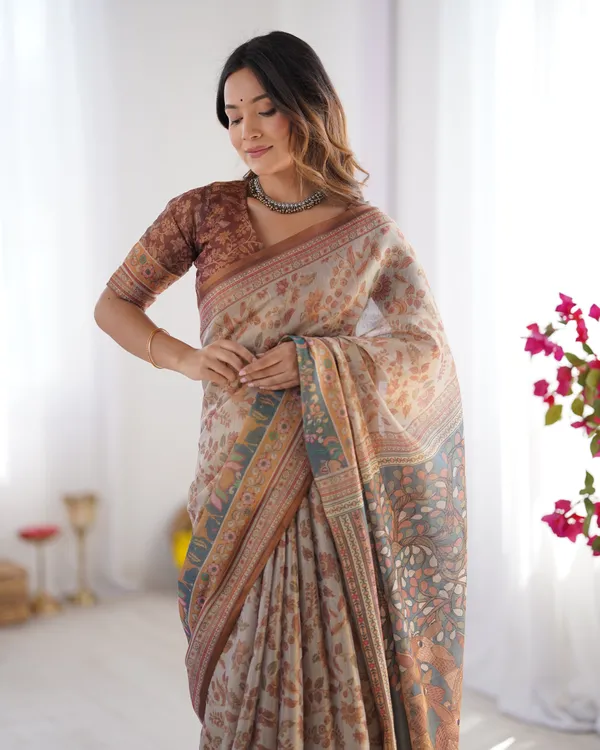 Beige_&_Rust_Pure_Linen_Cotton_Saree_with_Folk_Animal_Motif_&_Floral_Print