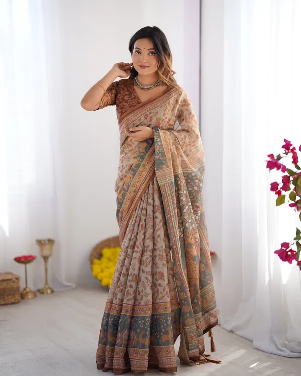 Beige_&_Rust_Pure_Linen_Cotton_Saree_with_Folk_Animal_Motif_&_Floral_Print