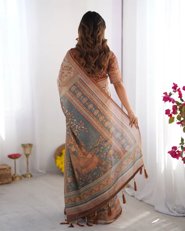 Beige_&_Rust_Pure_Linen_Cotton_Saree_with_Folk_Animal_Motif_&_Floral_Print