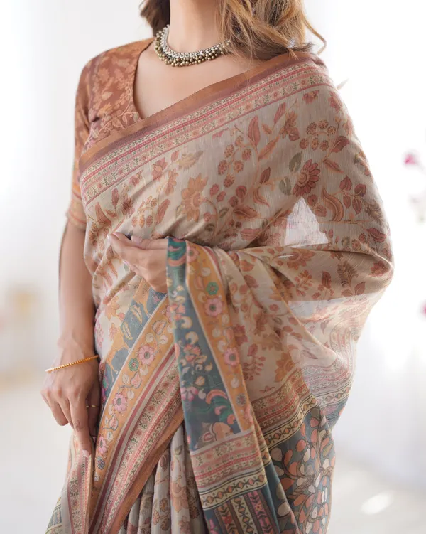 Beige_&_Rust_Pure_Linen_Cotton_Saree_with_Folk_Animal_Motif_&_Floral_Print