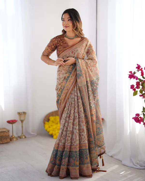 Beige_&_Rust_Pure_Linen_Cotton_Saree_with_Folk_Animal_Motif_&_Floral_Print