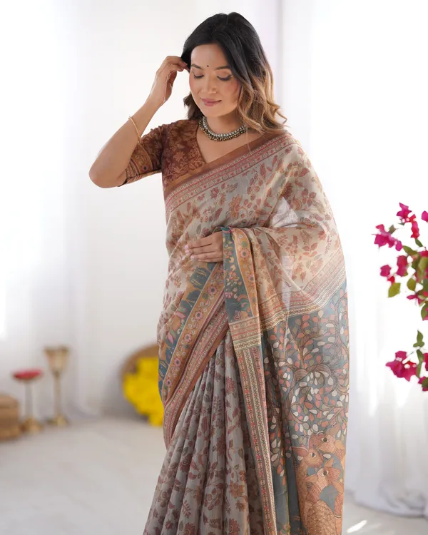 Beige_&_Rust_Pure_Linen_Cotton_Saree_with_Folk_Animal_Motif_&_Floral_Print