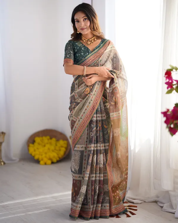 Teal_Green_&_Brown_Pure_Linen_Cotton_Handloom_Saree_with_Royal_Cow_&_Tree_Motif_Pallu