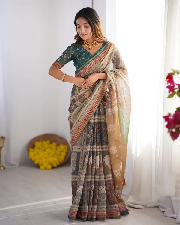 Teal_Green_&_Brown_Pure_Linen_Cotton_Handloom_Saree_with_Royal_Cow_&_Tree_Motif_Pallu