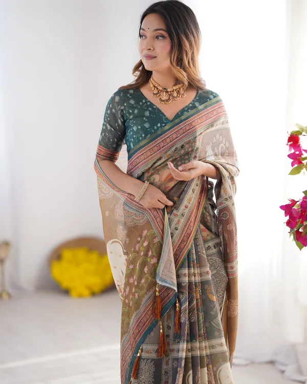 Teal_Green_&_Brown_Pure_Linen_Cotton_Handloom_Saree_with_Royal_Cow_&_Tree_Motif_Pallu