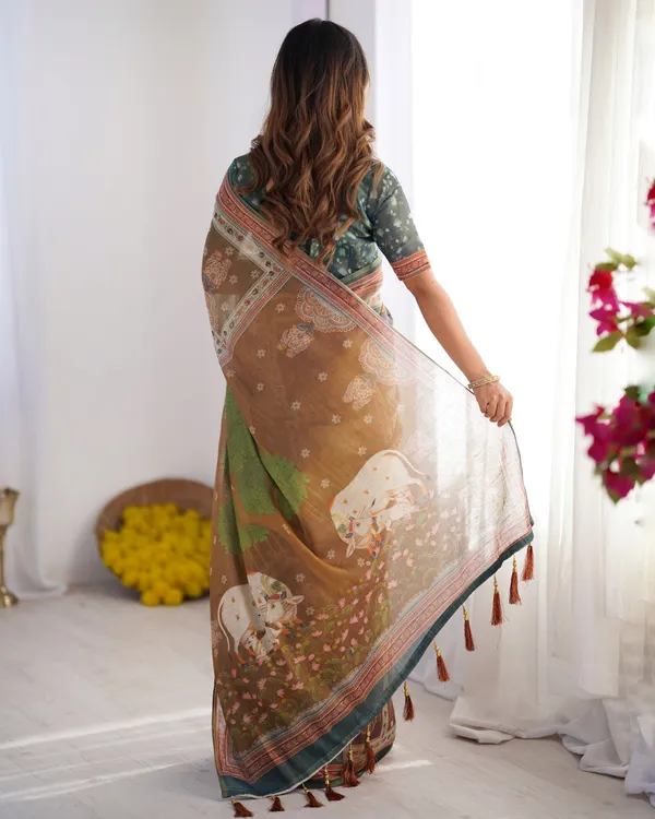 Teal_Green_&_Brown_Pure_Linen_Cotton_Handloom_Saree_with_Royal_Cow_&_Tree_Motif_Pallu
