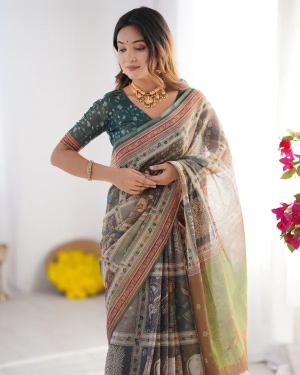 Teal_Green_&_Brown_Pure_Linen_Cotton_Handloom_Saree_with_Royal_Cow_&_Tree_Motif_Pallu