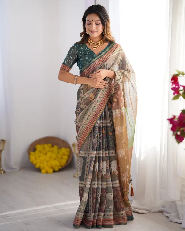 Teal_Green_&_Brown_Pure_Linen_Cotton_Handloom_Saree_with_Royal_Cow_&_Tree_Motif_Pallu