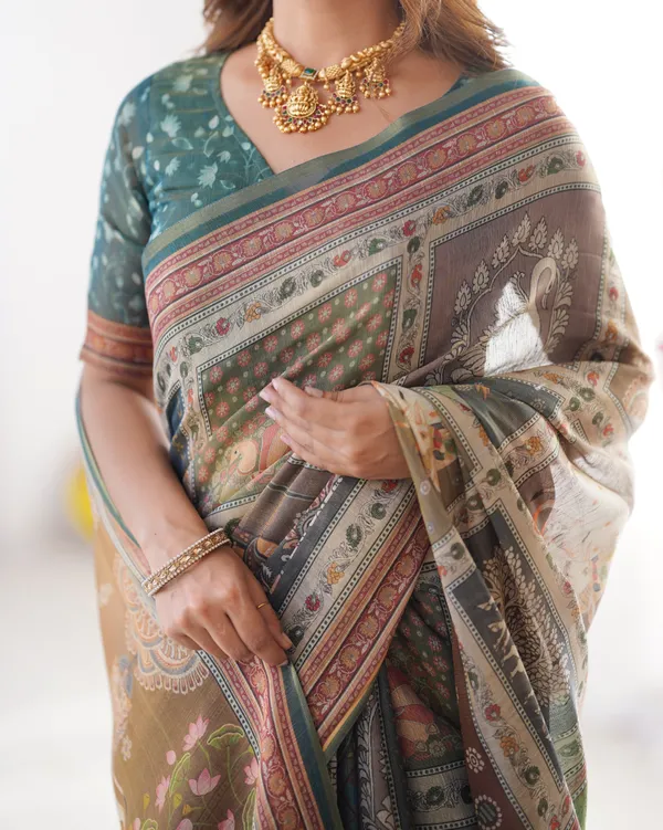 Teal_Green_&_Brown_Pure_Linen_Cotton_Handloom_Saree_with_Royal_Cow_&_Tree_Motif_Pallu