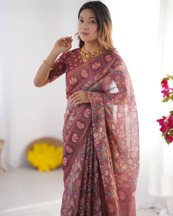 Maroon_Pure_Linen_Cotton_Handloom_Saree_with_Elephant_Motifs_and_Floral_Digital_Print