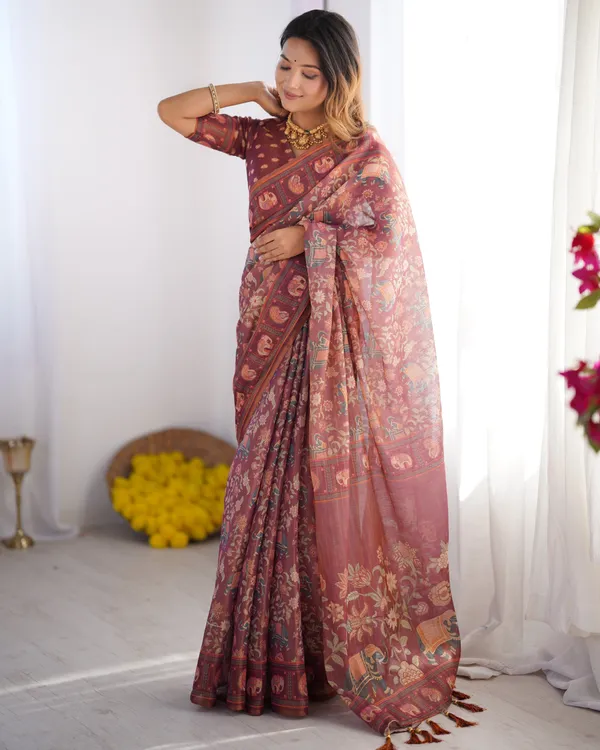 Maroon_Pure_Linen_Cotton_Handloom_Saree_with_Elephant_Motifs_and_Floral_Digital_Print