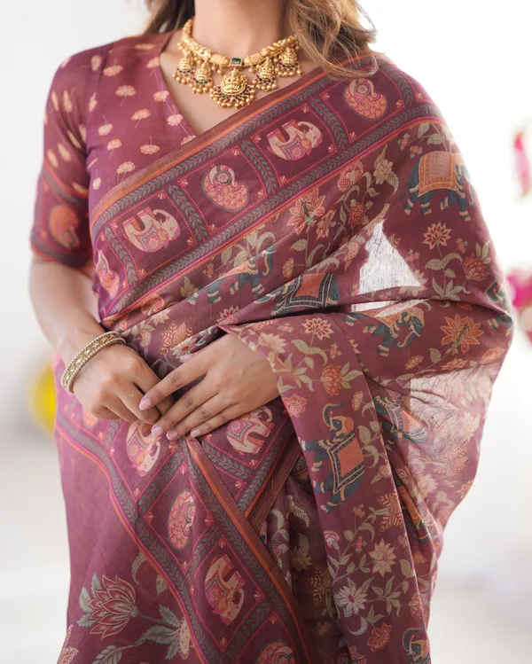 Maroon_Pure_Linen_Cotton_Handloom_Saree_with_Elephant_Motifs_and_Floral_Digital_Print