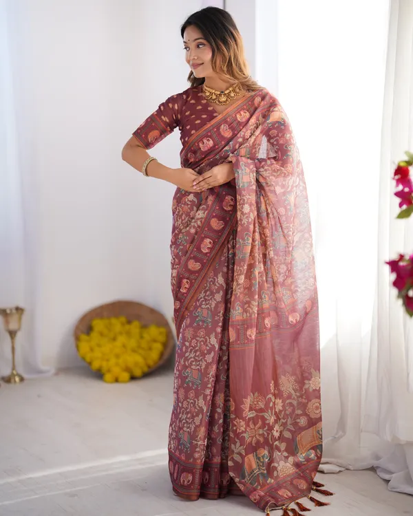 Maroon_Pure_Linen_Cotton_Handloom_Saree_with_Elephant_Motifs_and_Floral_Digital_Print