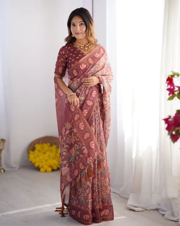 Maroon_Pure_Linen_Cotton_Handloom_Saree_with_Elephant_Motifs_and_Floral_Digital_Print