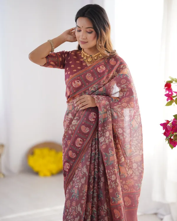 Maroon_Pure_Linen_Cotton_Handloom_Saree_with_Elephant_Motifs_and_Floral_Digital_Print