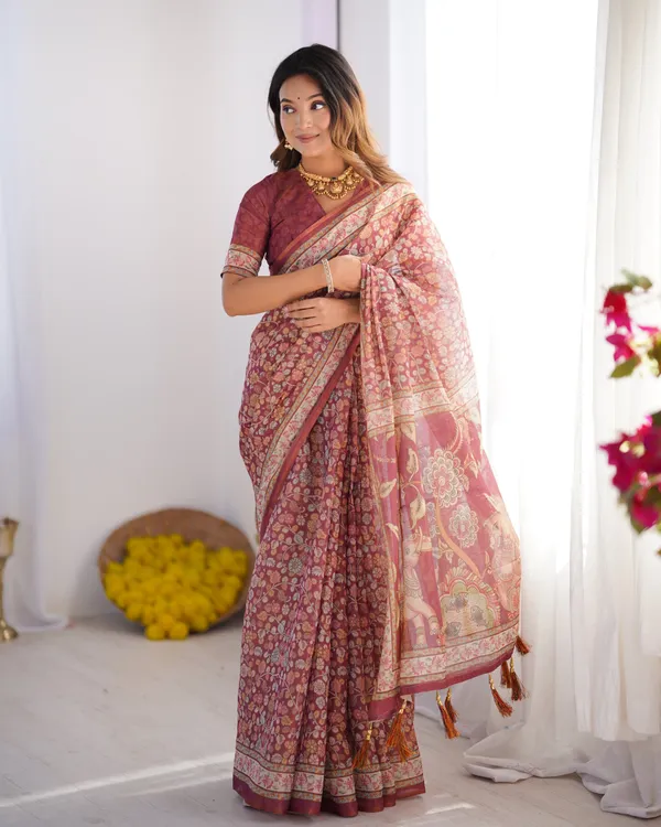 Maroon_Pure_Linen_Cotton_Handloom_Saree_with_Elephant_&_Floral_Folk_Art