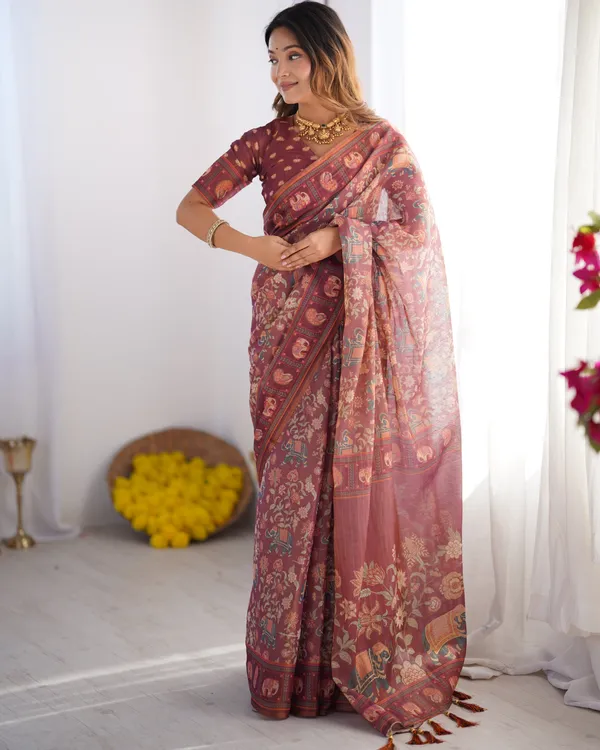 Maroon_Pure_Linen_Cotton_Handloom_Saree_with_Elephant_&_Floral_Folk_Art