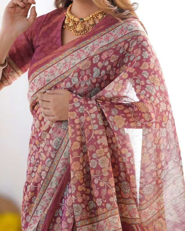 Maroon_Pure_Linen_Cotton_Handloom_Saree_with_Elephant_&_Floral_Folk_Art