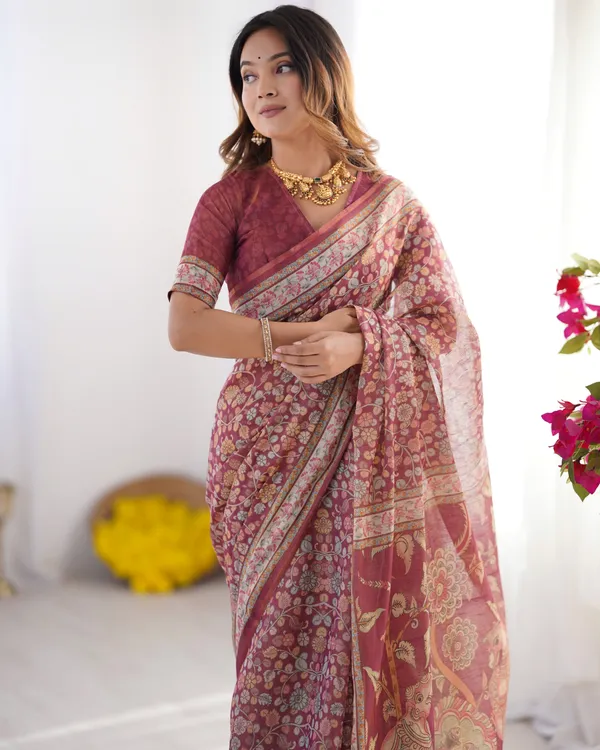Maroon_Pure_Linen_Cotton_Handloom_Saree_with_Elephant_&_Floral_Folk_Art