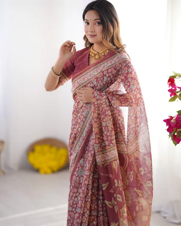Maroon_Pure_Linen_Cotton_Handloom_Saree_with_Elephant_&_Floral_Folk_Art