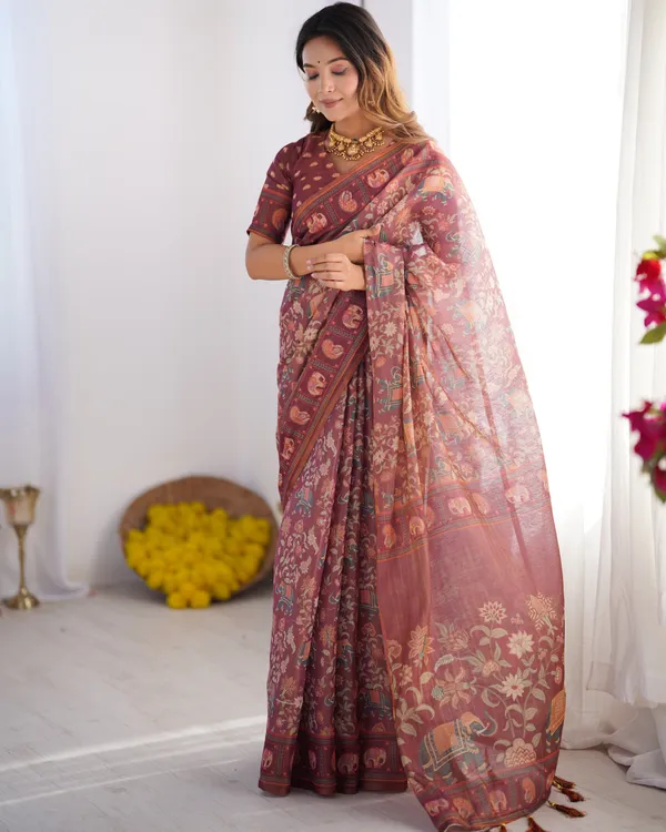 Maroon_Pure_Linen_Cotton_Handloom_Saree_with_Elephant_&_Floral_Folk_Art