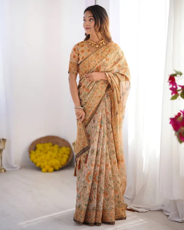 Peach_Orange_Pure_Linen_Cotton_Handloom_Saree_with_Floral_Vine_Print_and_Elegant_Pallu_Artwork