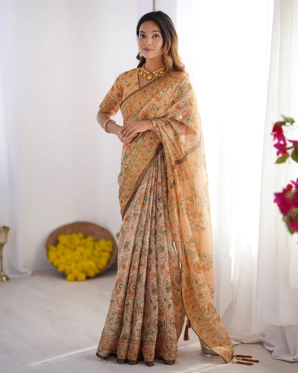 Peach_Orange_Pure_Linen_Cotton_Handloom_Saree_with_Floral_Vine_Print_and_Elegant_Pallu_Artwork